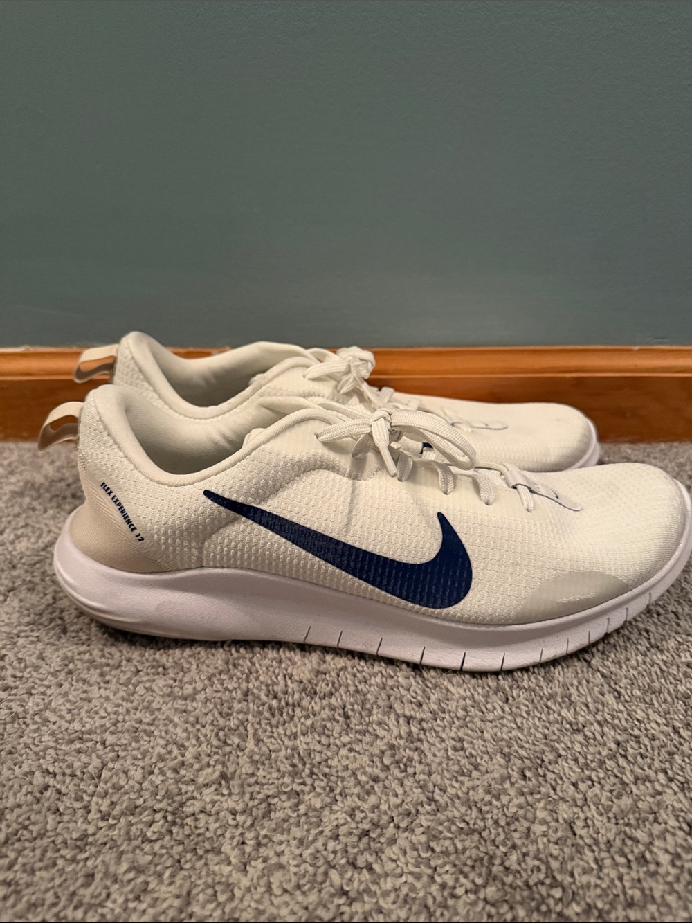 Nike Flex Experience 12 - Men’s Size 10 White Running Shoes with Navy Swoosh